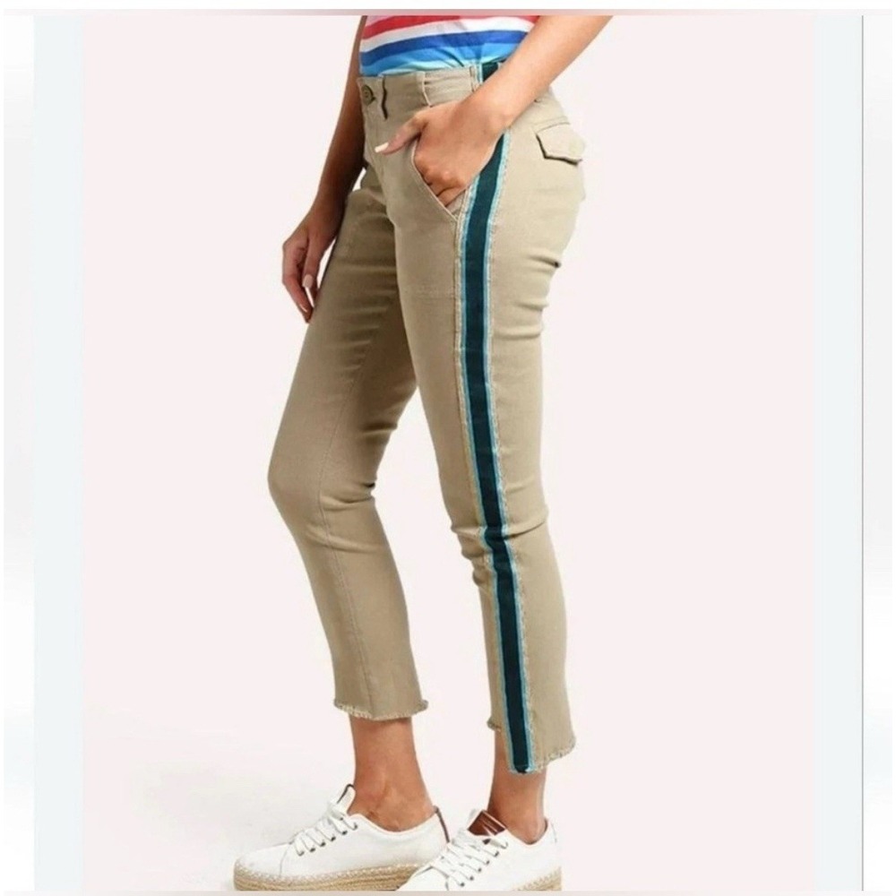 PAM & GELA Khaki Uniform Metallic Side Stripe Step Hem Skinny Pants Size 26 NWT